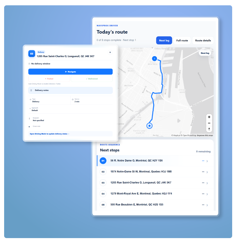 NaviPros driver route interface showing a delivery map, selected stop details and the next stops list.